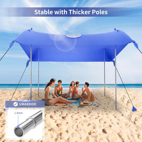 Family Friendly Beach Tent Canopy Sun Shade 10x10 Ft Portable with thicker poles providing stability on sandy beach.