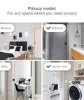 Onward Rectangular Pocket Door Pull With Privacy Lock, Black Finish, Three And A Quarter Inch, shown in bedroom and bathroom settings