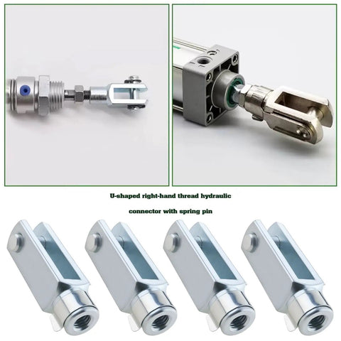 M6 Clevis Fork Long With Spring Pin Right Hand Thread Alloy Air Cylinder Rod Clevis End Female Thread Y Connector 43mm Length 4 Pack close-up on cylinder