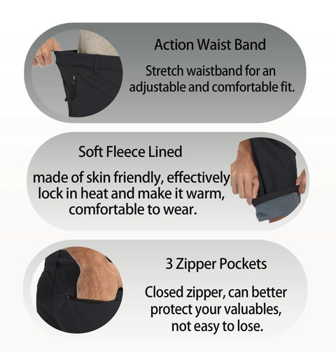 Feature highlights of Weatherproof Softshell Snow Pants for Skiing Snowboarding and Outdoor Adventures with Zipper Pockets Black 34 Inch Waist Waterproof Windproof Quick Dry Built For All Day Comfort including adjustable waistband, soft fleece lining, and zippered pockets.
