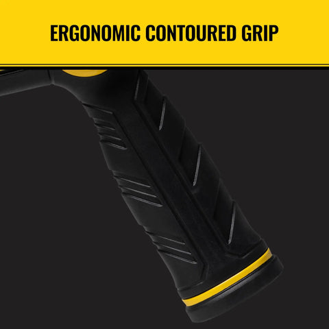 7 Pattern Thumb Control Nozzle With Non Slip Grip Cast Metal Construction shown with ergonomic contoured black grip