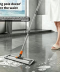 Heavy Duty 17 Inch Microfiber Flat Mop Built Like A Tank For No Sweat Floor Care on wet tile, adjustable pole in use.