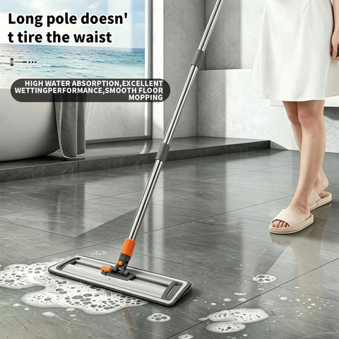 Heavy Duty 17 Inch Microfiber Flat Mop Built Like A Tank For No Sweat Floor Care on wet tile, adjustable pole in use.
