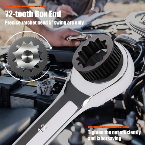 9/16 Inch Ratcheting Combination Wrench SAE Industrial Grade Gear Spanner With 12-Point Design 72-Tooth Ratchet in use on engine