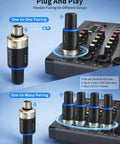 4 Channel 5.8 GHz Wireless Microphone System with XLR Transmitter and Receiver, showing one-to-many pairing setup