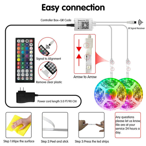 100Ft RGB LED Strip Lights Kit With 2 Rolls Of 50Ft showing installation steps, remote control, and connectors