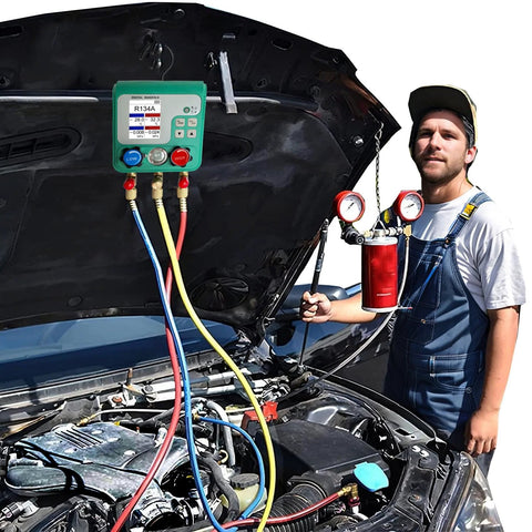 Vanlison digital HVAC manifold gauge set with red, blue and yellow hoses attached to a car engine; mechanic in overalls beside.