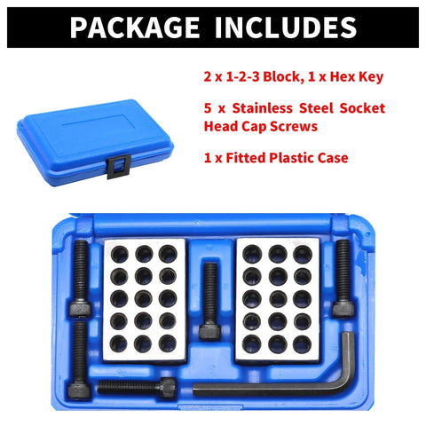 Jecoupoon 1-2-3 block set in blue plastic case; two precision blocks with 23 holes and hex key