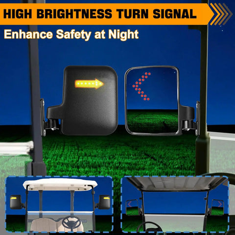 LED Turn Signal Side Mirrors for Golf Carts with 7x5 Inch Glass showing illuminated arrows for safety at night