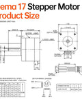 NEMA 17 stepper motor size diagram with side shaft view, front mounting holes, and wiring diagram.