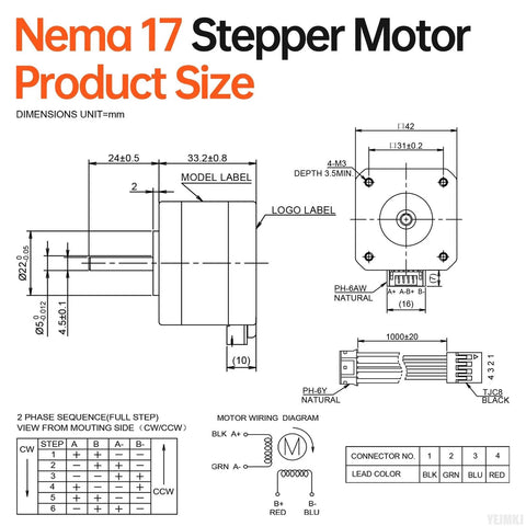NEMA 17 stepper motor size diagram with side shaft view, front mounting holes, and wiring diagram.