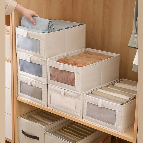 Premium Linen Closet Organizers And Folding Storage Bins, Four Pack Fabric Containers With See Through Window For Quick Clothes And Jeans Retrieval, Straight Up The Ultimate Shelf Organization Fix