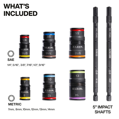 SAE And Metric Flip Socket Set With Six Flip Sockets, Twelve Hex Driver Sizes, Quarter Inch Bit Holder, And Two Impact Rated Five Inch Shafts For Heavy Duty DIY And Pro Tech Projects shown with sizes and labels