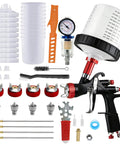 Pro Grade LVLP Spray Gun With Easy Swap 1.3 1.5 1.7 2.0 Mm Tips Plus Ten Disposable Cups Rock Strong Forged Aluminum Body for garage use.