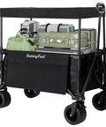 3 In 1 Collapsible Wagon With Canopy, All Terrain Wheels, 230L Capacity, 220 Lbs Load, Removable Shade Canopy, Foldable Utility Cart For Camping, Fishing, Garden And Sports, Black, loaded with gear.