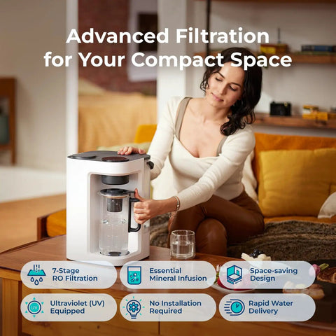 Woman using Plug And Play Countertop Reverse Osmosis Water Filtration System With Remineralization, No Install Needed, Portable Carafe