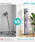 Comparison of cordless vacuum before and after using Boss Grade Steel Vacuum Stand, illustrating tidy organization and accessory clips.