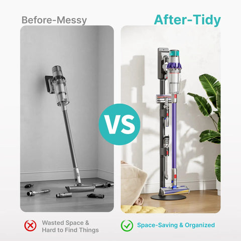 Comparison of cordless vacuum before and after using Boss Grade Steel Vacuum Stand, illustrating tidy organization and accessory clips.