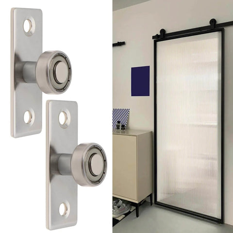 Sliding Door Roller Guide Kit With 17mm Ball Bearing Wheels and Metal Guides installed on a barn door system for smooth operation.