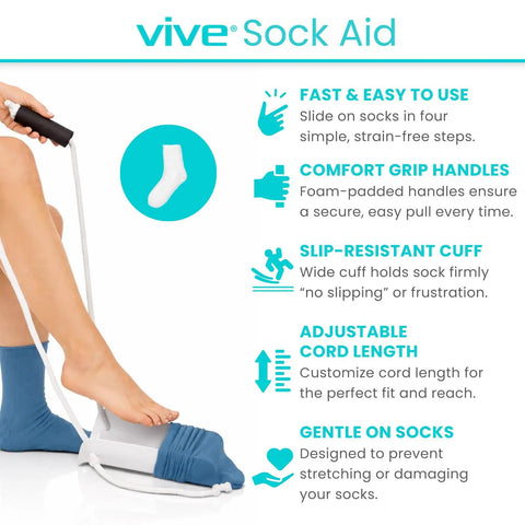 Sock Aid For Easy On And Off With Comfort Foam Grip For Seniors And Limited Mobility Stocking Slider For Hosiery Donning And No Sweat Recovery For Everyday Dressing And Comfortable Self Donning Of Socks, shown with adjustable cord