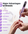 Heavy Duty Electric Nail Drill Kit With Twelve Versatile Bits For Grinding Gel And Acrylic Nails, Slick Purple Frame, smooth operator in use.