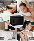 Pro 8L Towel Warmer For Salon And Spa image with different uses in salon, spa, hotels, and home. Black, durable, large capacity.