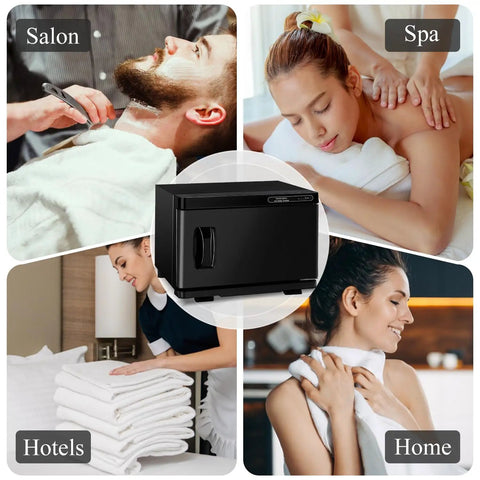Pro 8L Towel Warmer For Salon And Spa image with different uses in salon, spa, hotels, and home. Black, durable, large capacity.