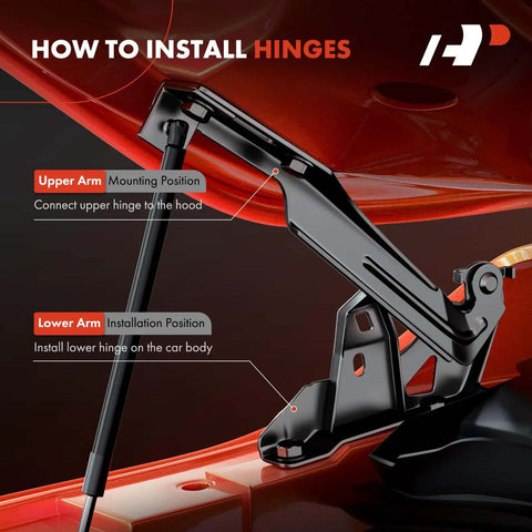 Front Hood Hinges Set For Jeep Wrangler JK 2007-2017 And JK 2018 showing installation positions for upper and lower arms