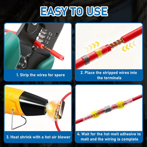 Pro Solder Seal Wire Connector Kit With 350W Mini Heat Gun And 230Pcs Waterproof Electrical Terminals showing wire strip, insert, and heat shrink steps