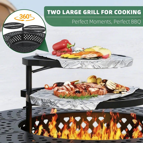 43 Inch Outdoor Wood Burning Fire Pit With Lid And Two Grill Grates Metal Round Table for BBQ with 360 swivel racks