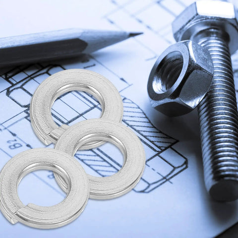 Premium Heavy Duty Stainless Steel Spring Lock Washers Rust Proof Hardware Kit with nuts and bolts on a blueprint.