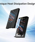 Close-up of Blazing Fast 40Gbps NVMe M2 SSD Enclosure, showing unique heat dissipation design and open casing.