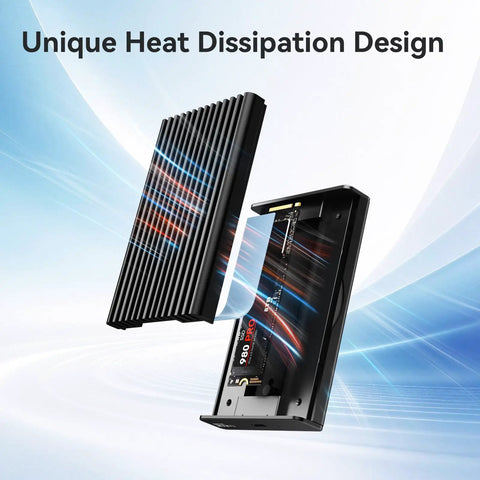 Close-up of Blazing Fast 40Gbps NVMe M2 SSD Enclosure, showing unique heat dissipation design and open casing.