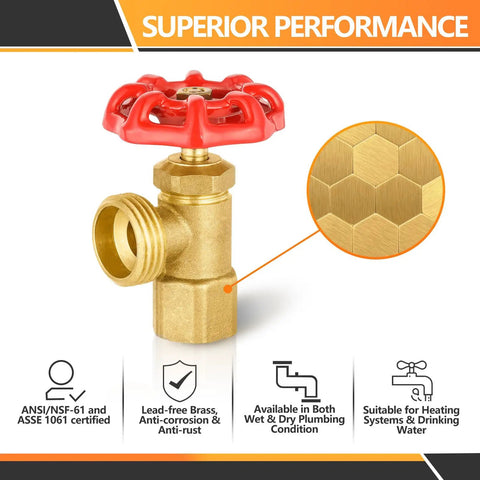 Close-up of Five Pack Brass Boiler Drain Valves For Home Plumbing And Heating Systems With Three Quarter Inch FIP Inlet And MHT Outlet