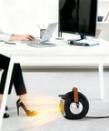 Under-desk view of 2 Pack Desk Heater For Office And Small Spaces, Personal Electric Heater With PTC Ceramic Fast Heating 500W in use.