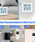 Indoor Outdoor Wireless Thermometer With 3 Remote Sensors Digital Hygrometer Temperature And Humidity Monitor, wall-mounted and tabletop view
