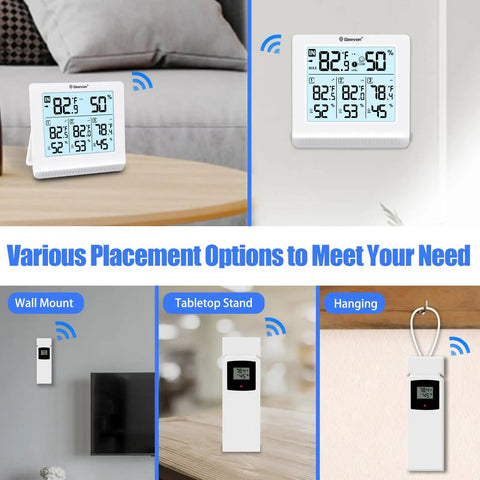Indoor Outdoor Wireless Thermometer With 3 Remote Sensors Digital Hygrometer Temperature And Humidity Monitor, wall-mounted and tabletop view