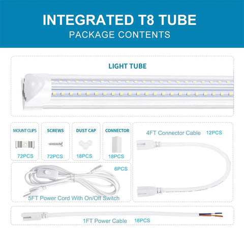 Package components of 8 Foot LED Shop Light Fixture With T8 Linkable Design, including connectors and cables