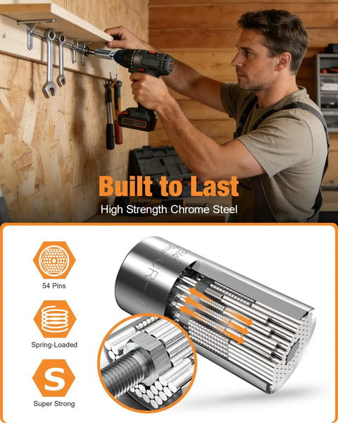 Man using Two Pack Universal Socket Tool Set With Power Drill Adapter, showcasing durability and versatility on wooden panel.