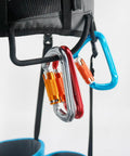 Close-up of carabiners on a Half Body Climbing Harness For Mountaineering And Ice Climbing, Heavy Duty Safety Belt For Men And Women
