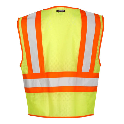 Mens High Visibility Reflective Mesh Vest With Zipper Closure And ANSI 107 Type R Class 2 Rating Orange 2X back view with reflective stripes.