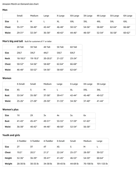 Amazon Merch on Demand size chart for men, women, and youth including measurements for various sizes.
