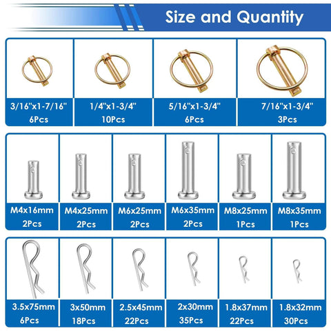 All In One 270 Piece Hitch Pin Kit With 31 Sizes For Trailers And Farm Equipment Includes Square PTO Pins Lynch Pins