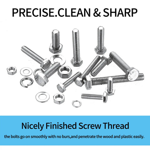 304 Stainless Steel Hex Bolts Nuts And Washers Kit With 496 Pieces, assorted bolts and washers displayed neatly