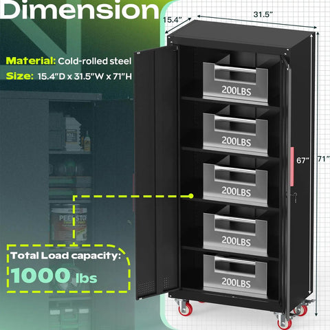 Tall 71 Inch Metal Garage Storage Cabinet On Wheels With Four Adjustable Shelves And Two Locking Doors For Garage Home Office And Shop Black with dimensions and weight capacity labeled.