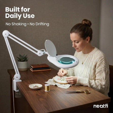 Woman using clamp on magnifying lamp with 7 inch glass lens, 5 diopter, 6500K daylight LED adjustable arm for crafting.