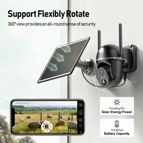 4G LTE Cellular Solar Security Cam For Outdoor Use No WiFi Needed With 360 Degree Live View, shown mounted with solar panel and mobile app view.