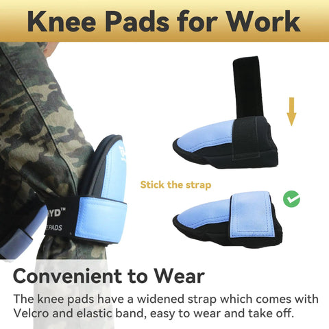 Waterproof Leatherette Knee Pads For Men with extra wide straps for comfort, shown in camo pants. Ideal for construction and repair work.