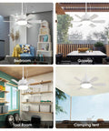 Outdoor Ceiling Fan With Lights 18 Inch Gazebo Style Plug In Portable Hanging Hook For Patios Tents And Camping White 3 CCT Dimmable LED shown in various settings, including bedroom, gazebo, tool room, and camping tent.