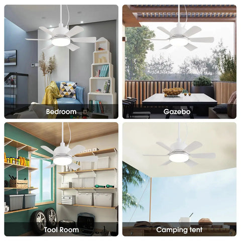 Outdoor Ceiling Fan With Lights 18 Inch Gazebo Style Plug In Portable Hanging Hook For Patios Tents And Camping White 3 CCT Dimmable LED shown in various settings, including bedroom, gazebo, tool room, and camping tent.